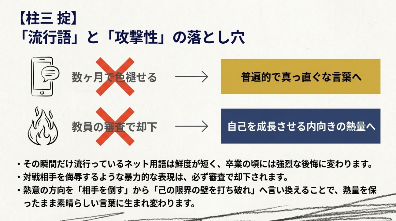 流行語を普遍的な言葉へ、攻撃的な表現を自己成長の内向きな熱量へと言い換える重要性の解説。