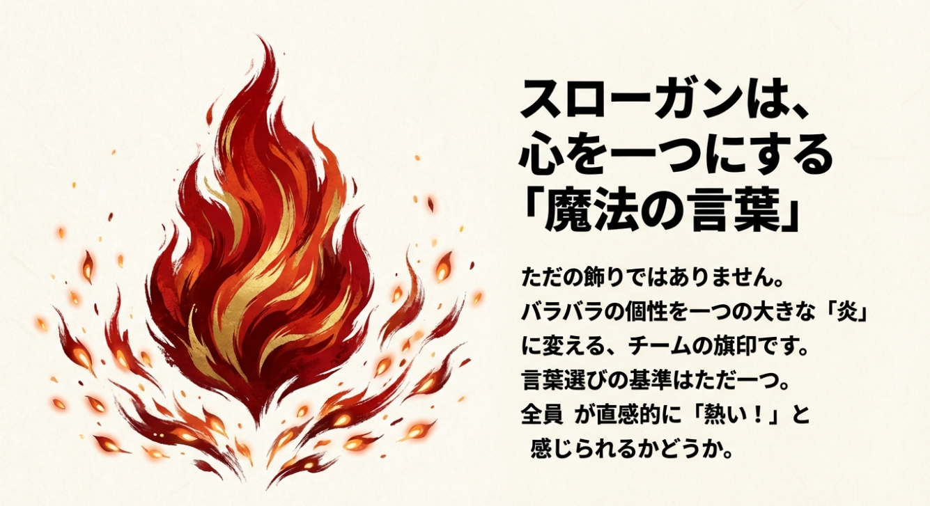 「スローガンは、心を一つにする魔法の言葉」という文字と、バラバラの個性を一つの大きな炎に変えるイメージ図。