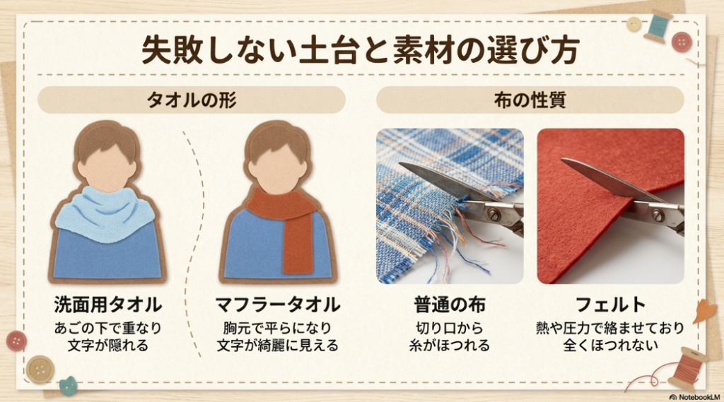 胸元で綺麗に見えるマフラータオルと、切り口からほつれないフェルトの選び方の比較