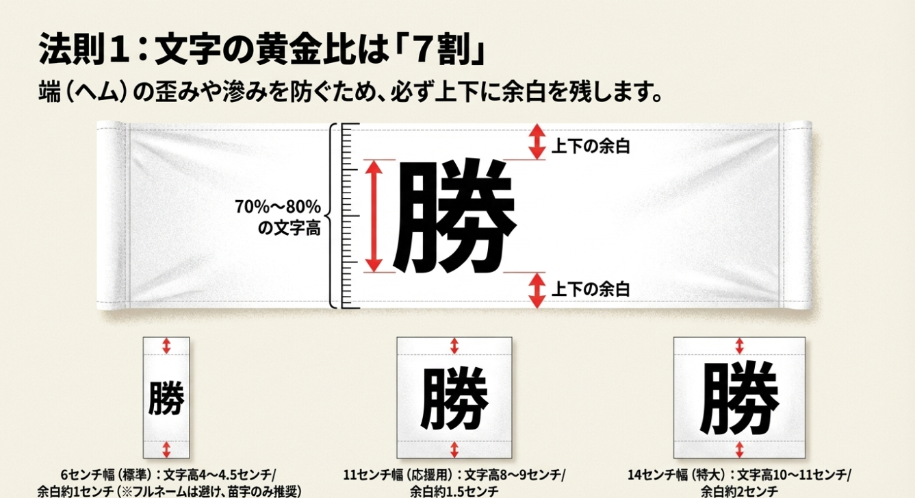 タスキ幅に対する文字高の黄金比（70%～80%）の解説。6cm、11cm、14cm幅ごとの推奨文字高と余白の目安図。