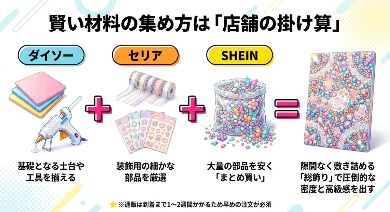 土台はダイソー、装飾はセリア、大量パーツはSHEINと、各店舗の強みを解説する図解。