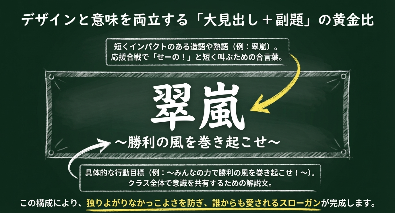 短いインパクトのある造語（翠嵐）と、具体的な行動目標（副題）を組み合わせたスローガンの構成例
