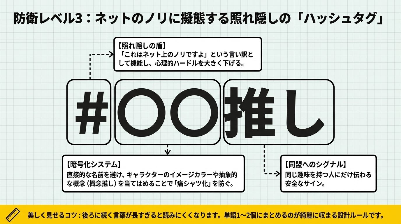 「#〇〇推し」という形式が、ネット上のノリという言い訳(照れ隠しの盾)になり、直接的な名前を避けることで痛シャツ化を防ぐ仕組みの解説。