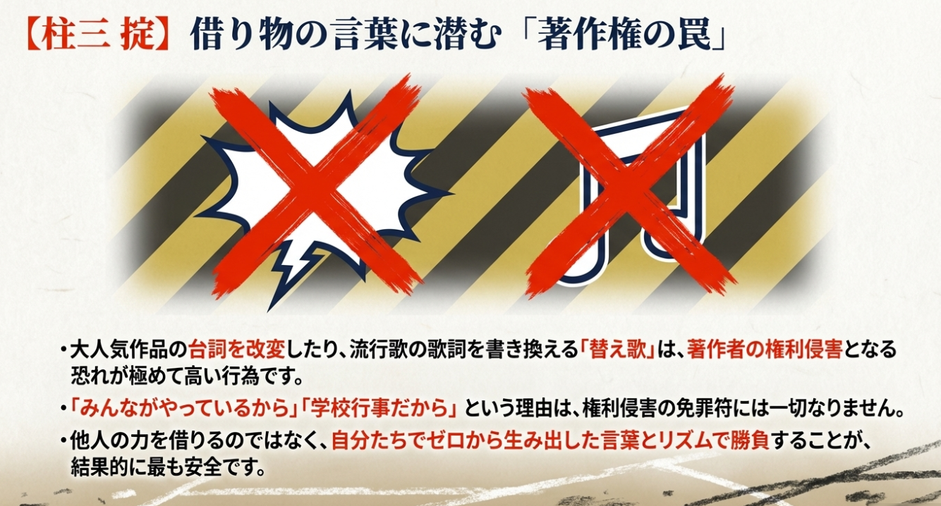 アニメの台詞や流行歌の改変が権利侵害になる恐れがあること、自分たちでゼロから生み出すことの安全性を説く図。