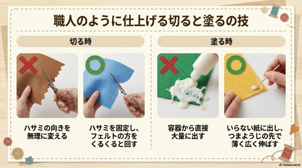 ハサミを固定してフェルトを回す切り方と、いらない紙に出したボンドをつまようじで薄く広く伸ばす塗り方のコツ