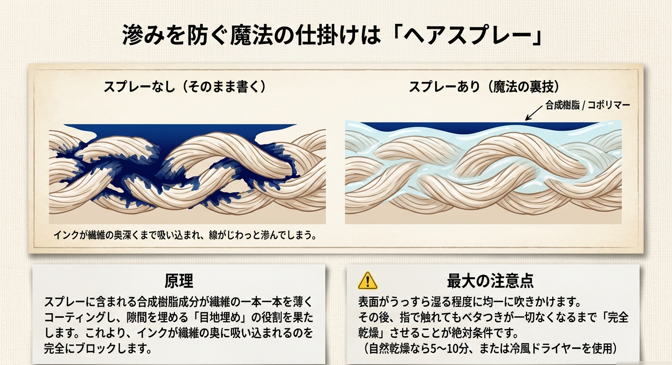 スプレーなしで滲む様子と、合成樹脂(コポリマー)が繊維をコーティングしてインクの侵入をブロックする仕組みの比較図。