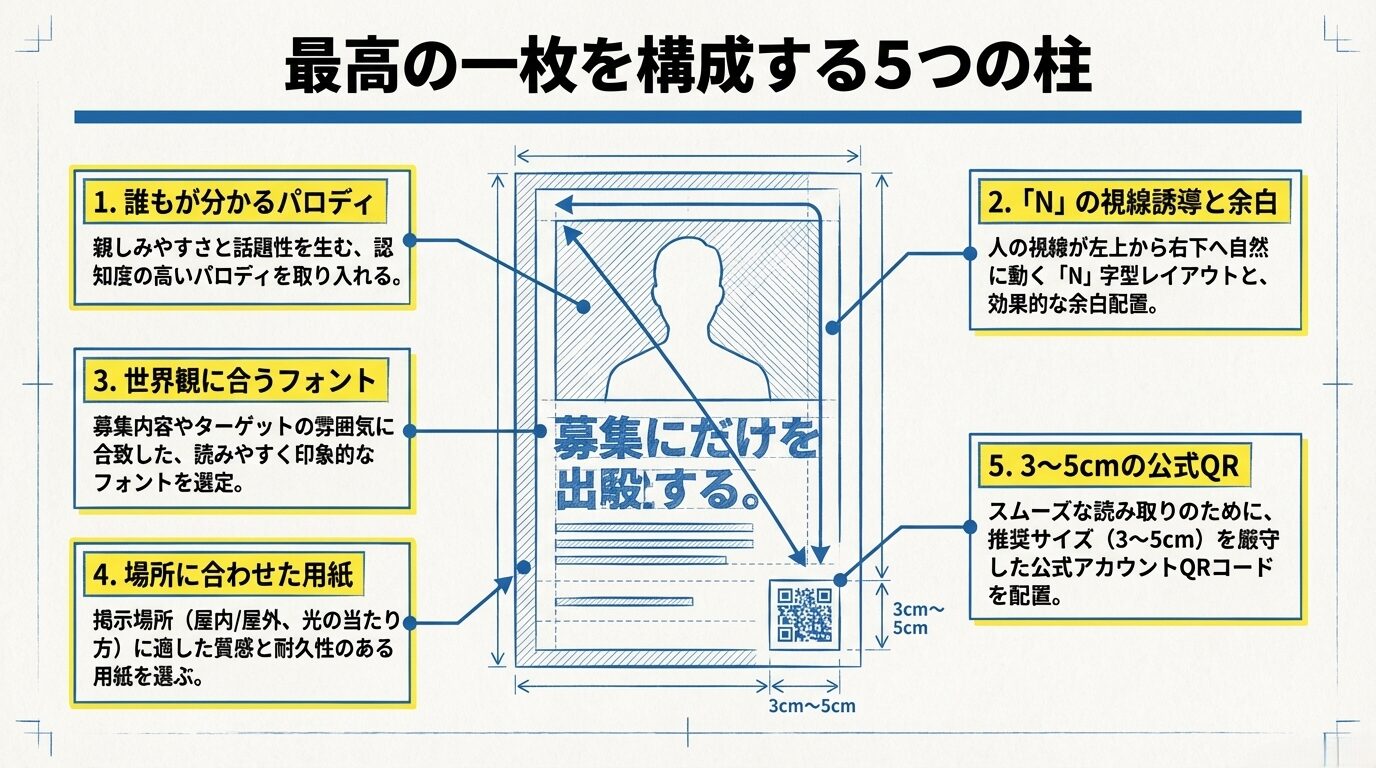 1.パロディ、2.「N」字視線誘導と余白、3.世界観に合うフォント、4.場所に合わせた用紙、5.3〜5cmの公式QRの5項目をまとめた最終チェックリスト。