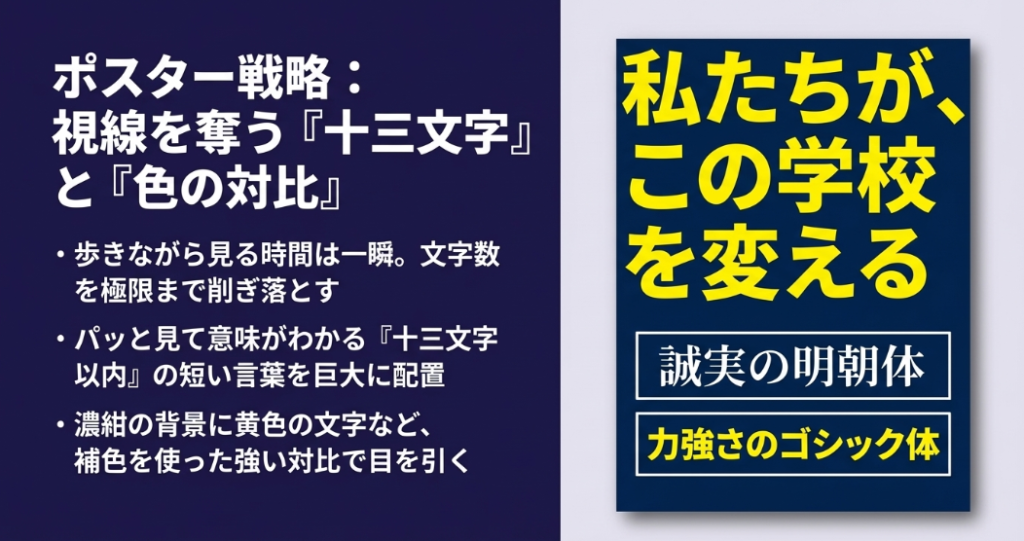 歩きながら見る一瞬の視線を奪うため、ポスターの文字数を極限まで削ぎ落とし、13文字以内と色の対比を活用する戦略スライド