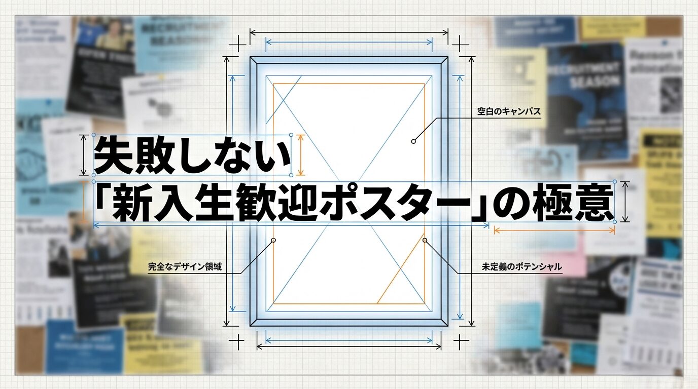中央に大きく「『新入生歓迎ポスター』の極意」と書かれ 、その周囲に「失敗しない」 「空白のキャンバス」 「完全なデザイン領域」 「未定義のポテンシャル」 などの言葉が配置された、デザインの始まりを予感させる表紙スライド 。