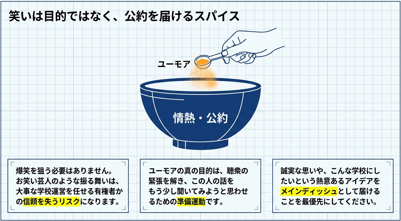 笑いは聴衆の緊張を解くための準備運動であり、誠実な思いや公約をメインディッシュとして届けることが最優先であるという解説図 。
