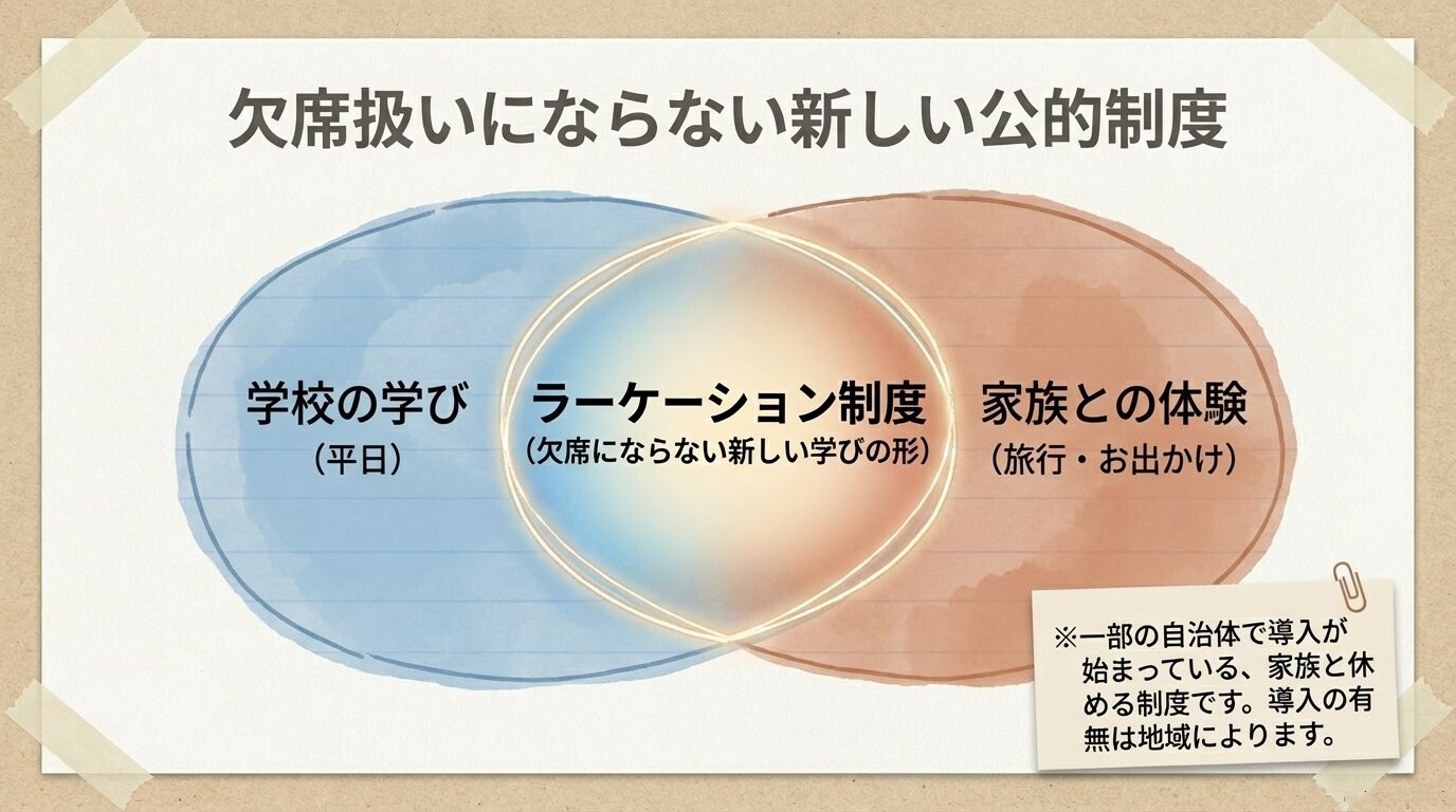 平日の学校の学びと、家族との体験（旅行・お出かけ）を組み合わせ、欠席扱いにならない「ラーケーション制度」の概念図。