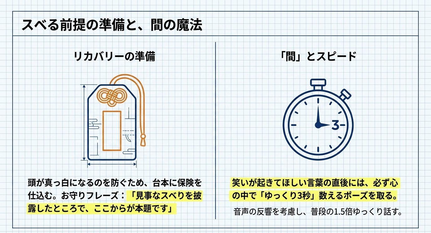 スベった時の「お守りフレーズ」の準備、笑いを待つ「3秒の間」、そして音声の反響を考慮した1.5倍ゆっくり話すスピードについての解説図 。