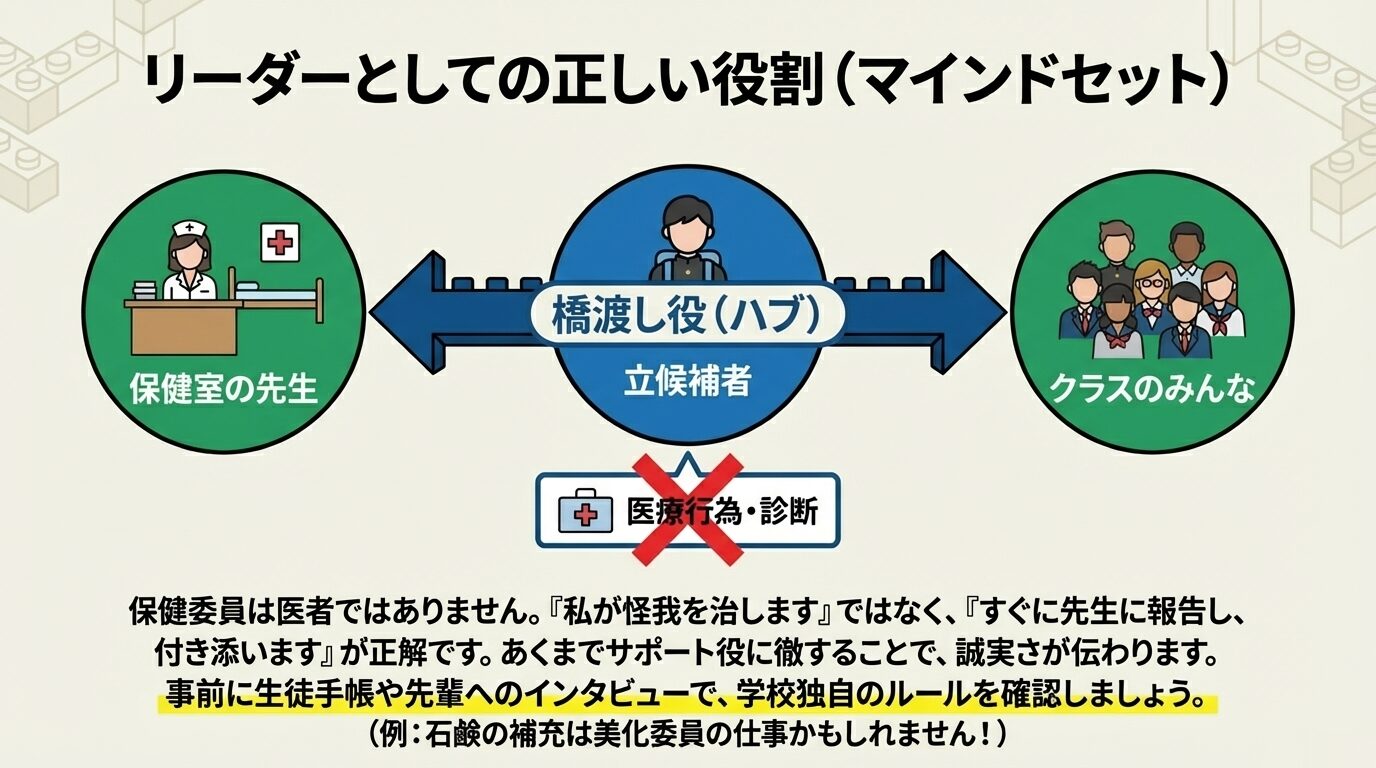 立候補者が「保健室の先生」と「クラスのみんな」を繋ぐ「橋渡し役（ハブ）」であることを示し、医療行為は行わないことを注意する図。