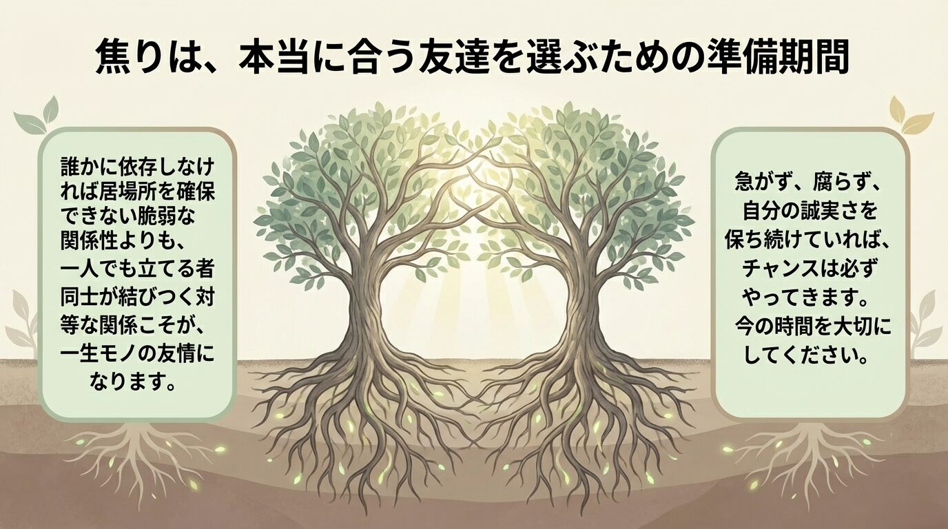 今の時間は、一人でも立てる者同士が結びつく一生モノの友情のための準備期間。焦らず誠実さを保てばチャンスは必ずやってくる