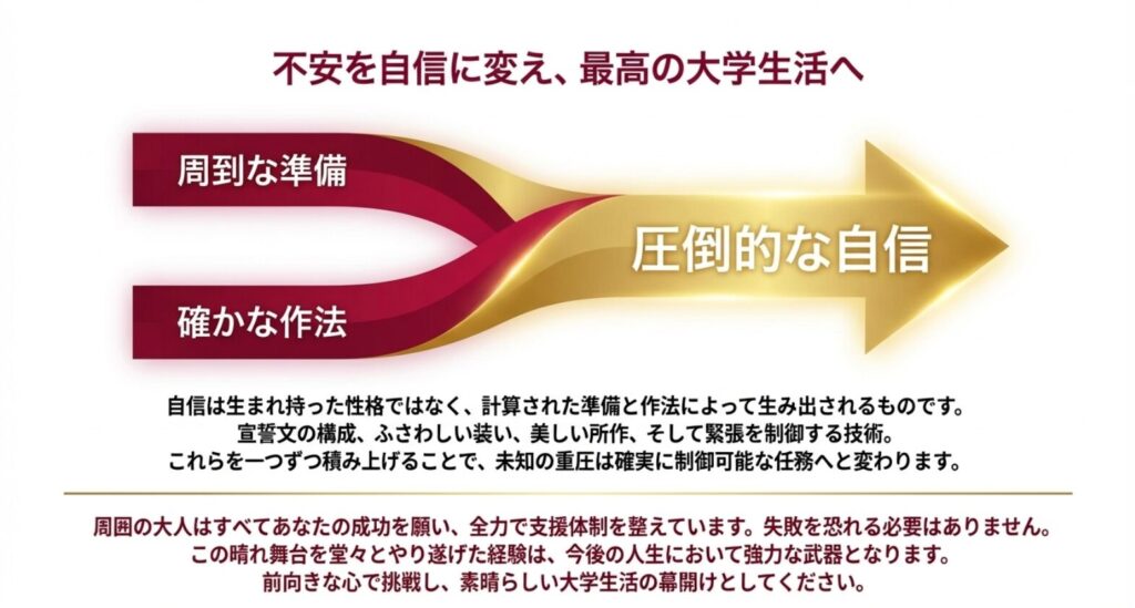 周到な準備と確かな作法が圧倒的な自信を生み出し、新入生代表という晴れ舞台の経験が最高の大学生活の幕開けになるというメッセージ