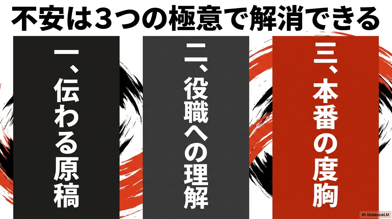 不安を解消するための3つの極意として、一、伝わる原稿、二、役職への理解、三、本番の度胸を挙げたスライド。