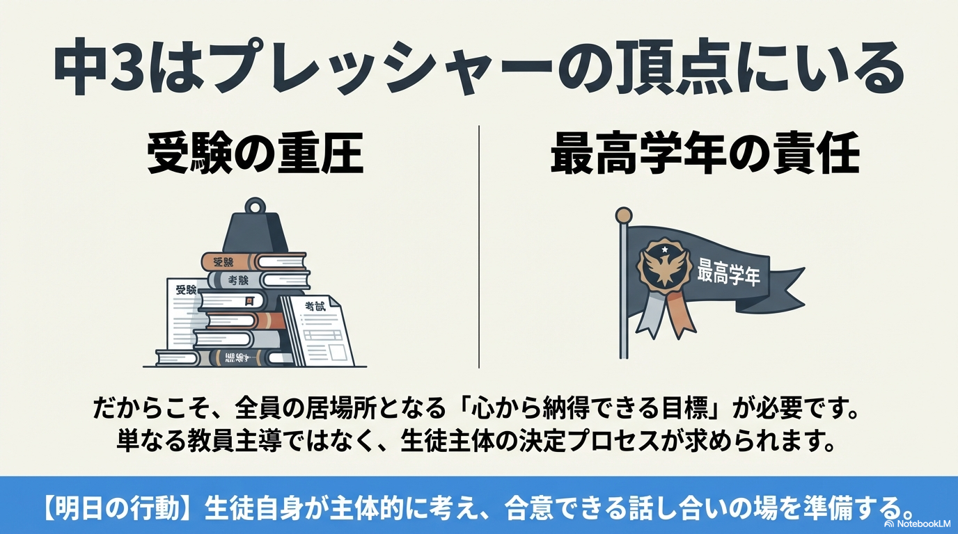 積み上げられた参考書の上に重りが乗ったイラストと、最高学年と書かれた旗のイラスト。「中3はプレッシャーの頂点にいる」というメッセージ。