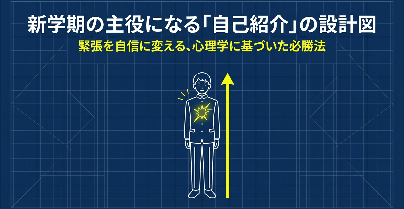 制服を着た中学生のイラストの胸元に星が輝き、右側に上向きの矢印が描かれた「新学期の主役になる『自己紹介』の設計図」というタイトルのスライド。