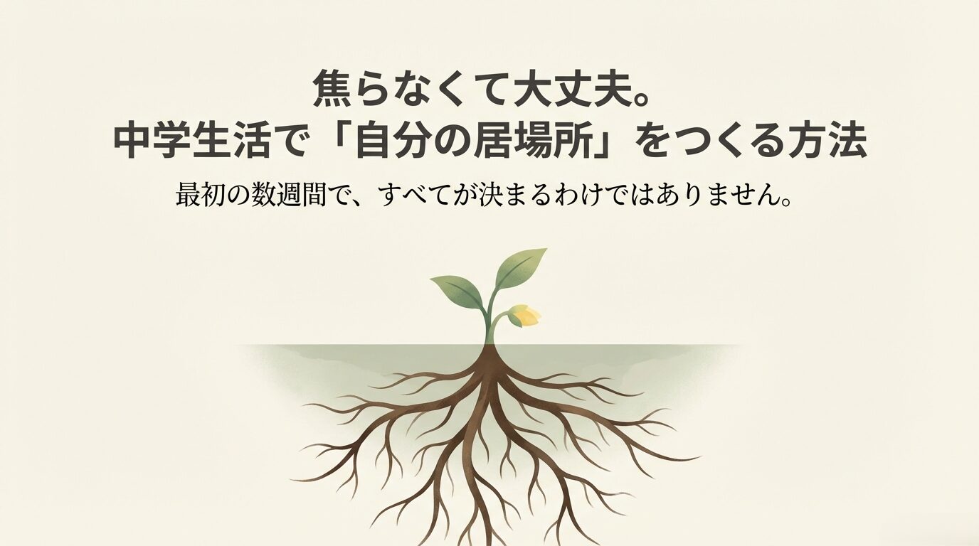 若葉と根っこのイラスト。タイトル「焦らなくて大丈夫。中学生活で『自分の居場所』をつくる方法。最初の数週間ですべてが決まるわけではありません」