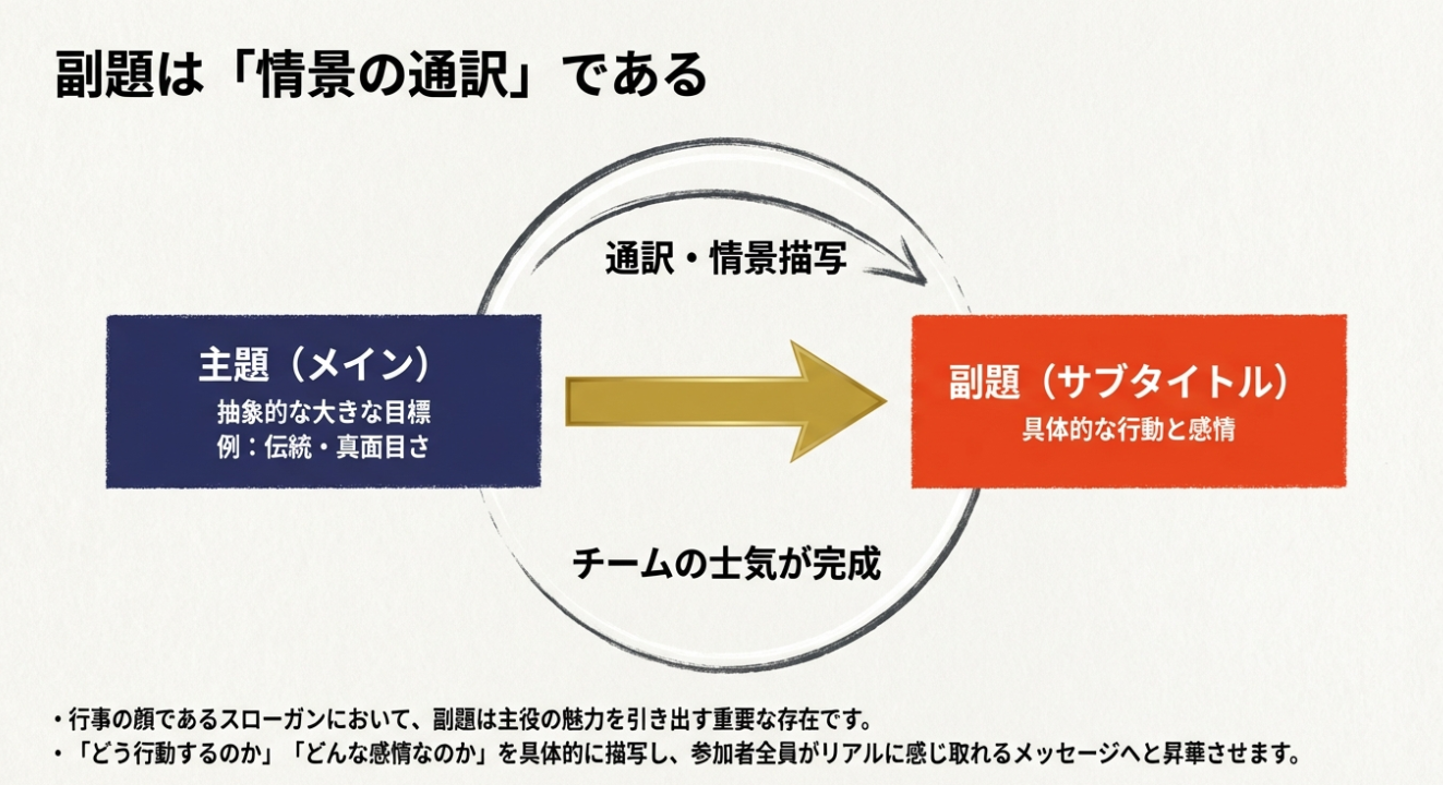 主題（メイン）の抽象的な目標を、副題（サブタイトル）が具体的な行動と感情へと「通訳・情景描写」することでチームの士気が完成することを示す図。