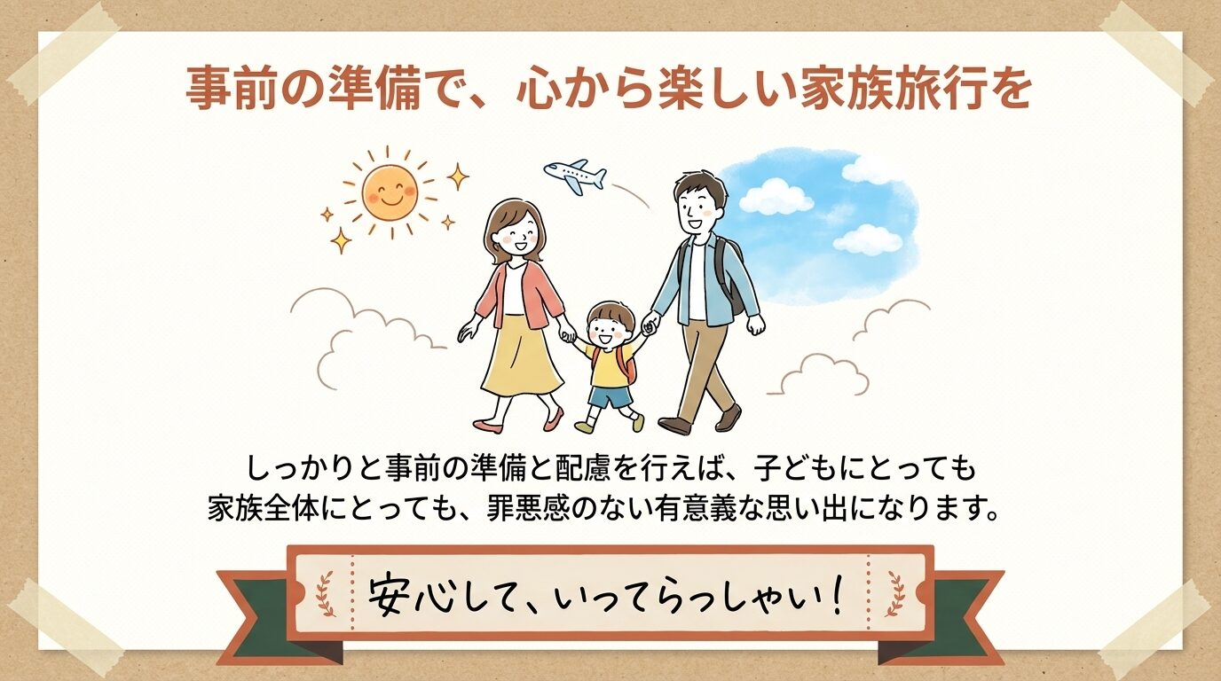 しっかりとした事前準備と配慮で、子どもにとっても家族にとっても罪悪感のない有意義な思い出作りを応援するメッセージ。