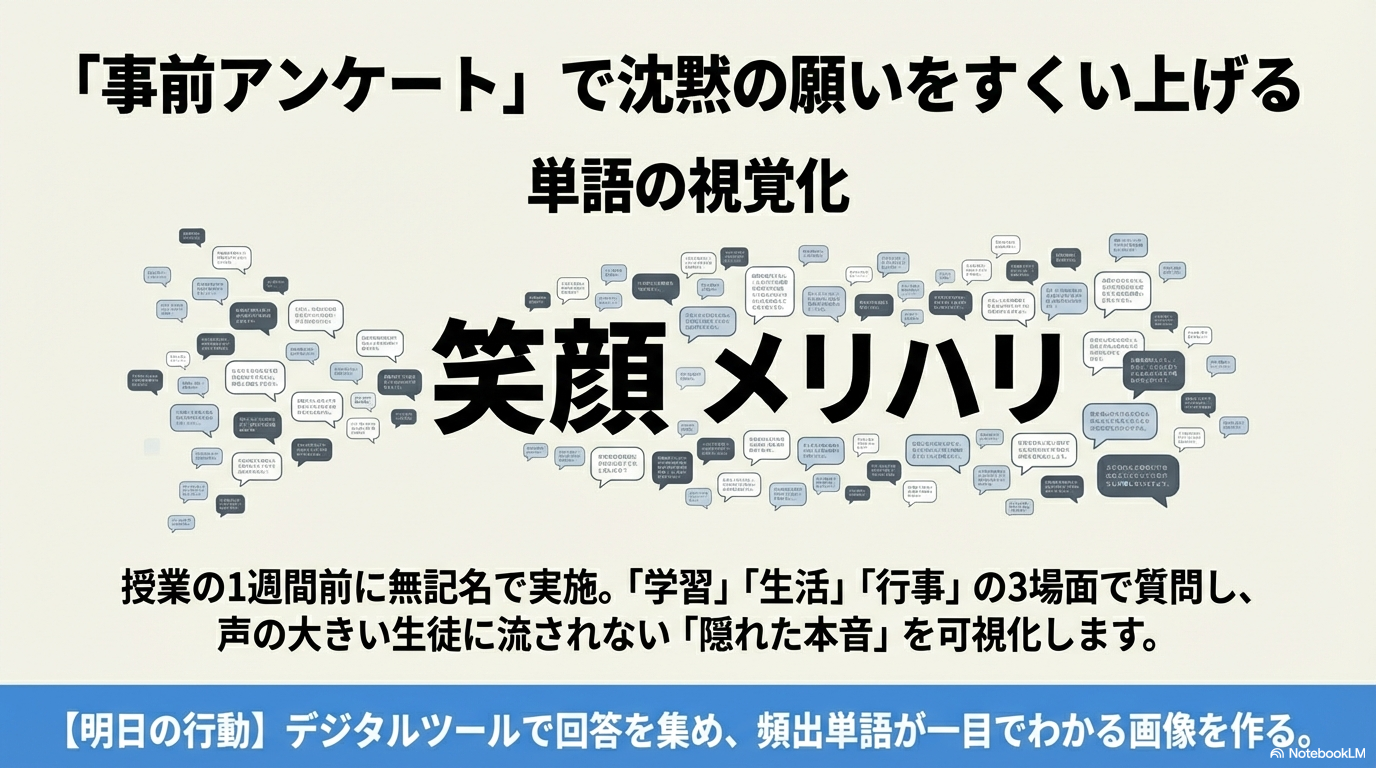 「笑顔」「メリハリ」といった単語が大きく表示されたワードクラウドの画像。周囲に小さな吹き出しが多数配置されている。
