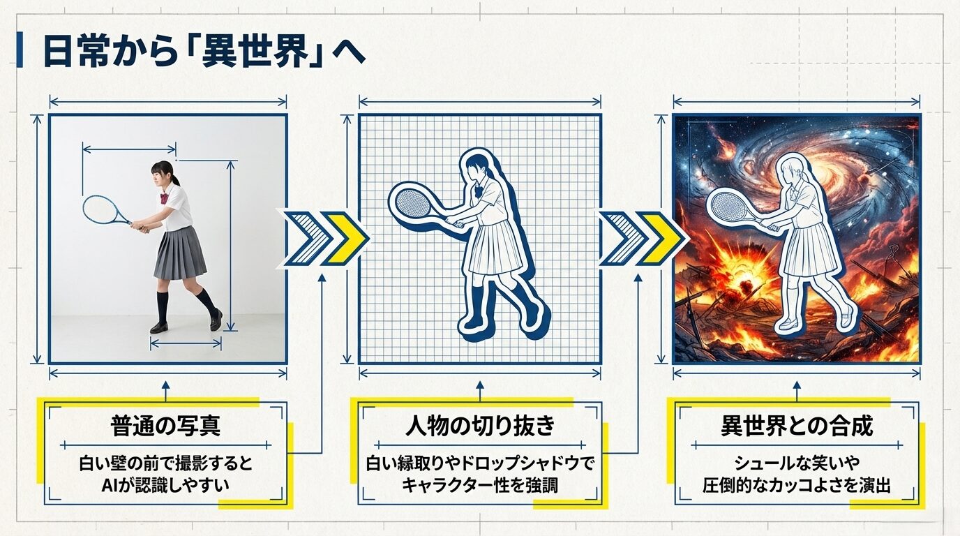 普通の写真をAIで切り抜き、白い縁取りやドロップシャドウを加え、異世界のような背景と合成してシュールさやカッコよさを演出する手順の図解。