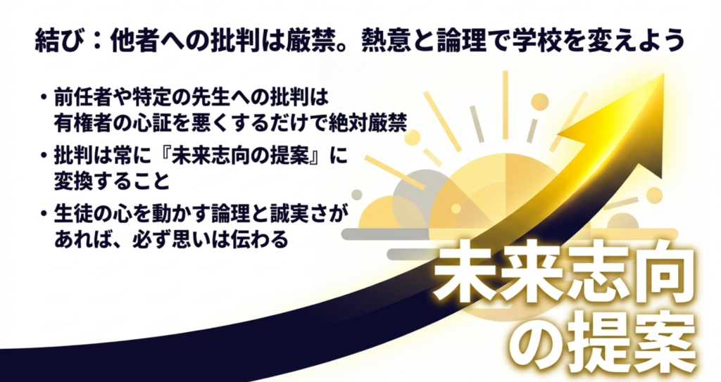 前任者や先生への批判は有権者の心証を悪くするため厳禁であり、未来志向の提案に変換すべきであることを伝えるスライド