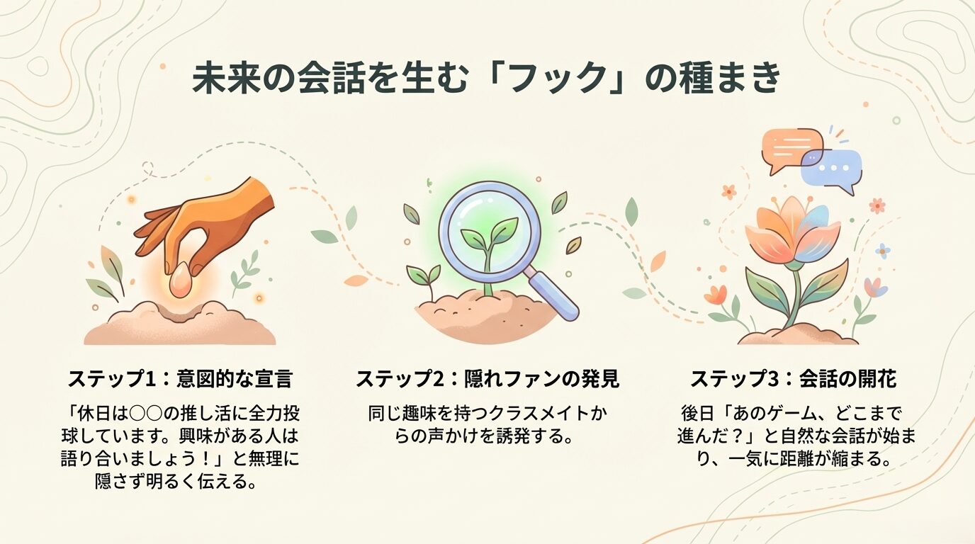 会話の種まきステップ。1.意図的な宣言、2.隠れファンの発見、3.会話の開花という流れをイラストで解説。