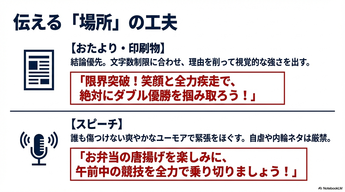 おたより・印刷物（結論優先・視覚的強さ）とスピーチ（爽やかなユーモアで緊張をほぐす）の使い分けを説明するスライド。