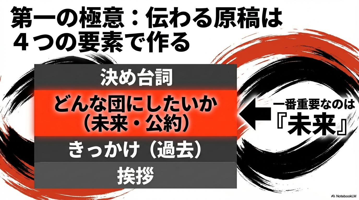伝わる原稿の要素として挨拶・きっかけ(過去)・未来・公約・決め台詞を示し、特に「未来」が一番重要であることを強調したスライド。