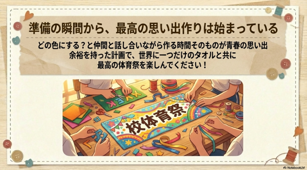 友達と机を囲んで話し合いながらオリジナルタオルを作る青春の思い出のイメージイラスト