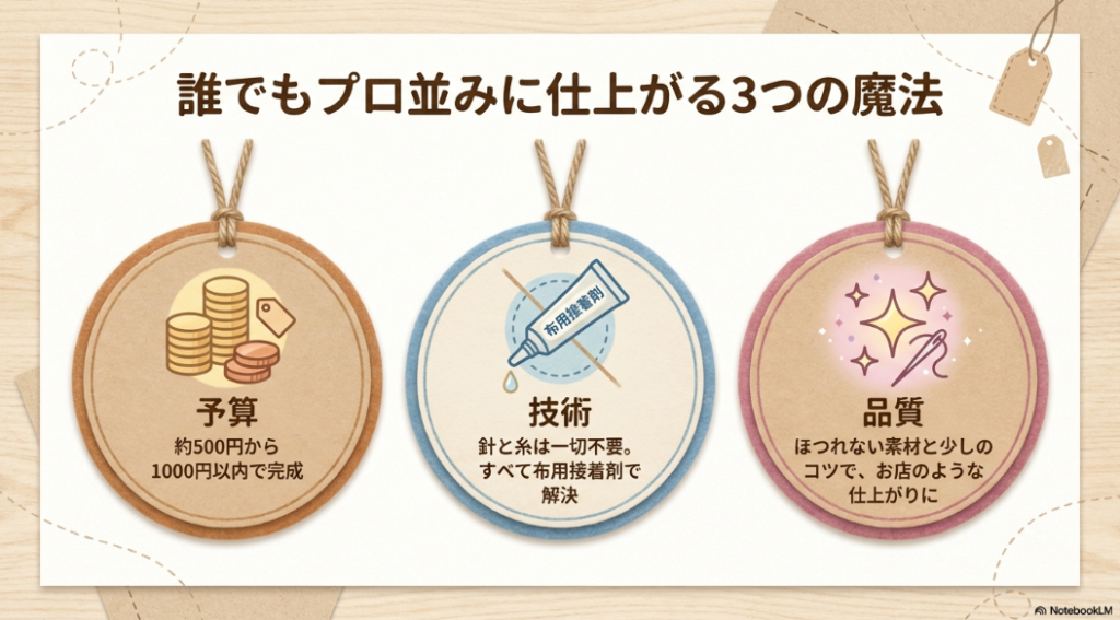予算約500円から1000円以内で、針と糸を使わずに布用接着剤で完成する手作りタオルのメリット