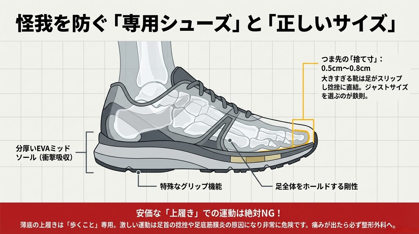 衝撃を吸収するEVAミッドソールやグリップ機能の図解。つま先に0.5cmから0.8cmの「捨て寸」があるジャストサイズを選ぶ重要性を説明。