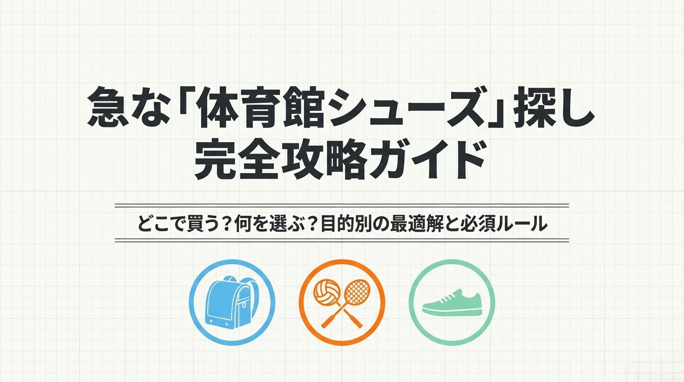 急に必要になった体育館シューズをどこで買うべきか、目的別の最適解とルールを解説するガイドの表紙画像。