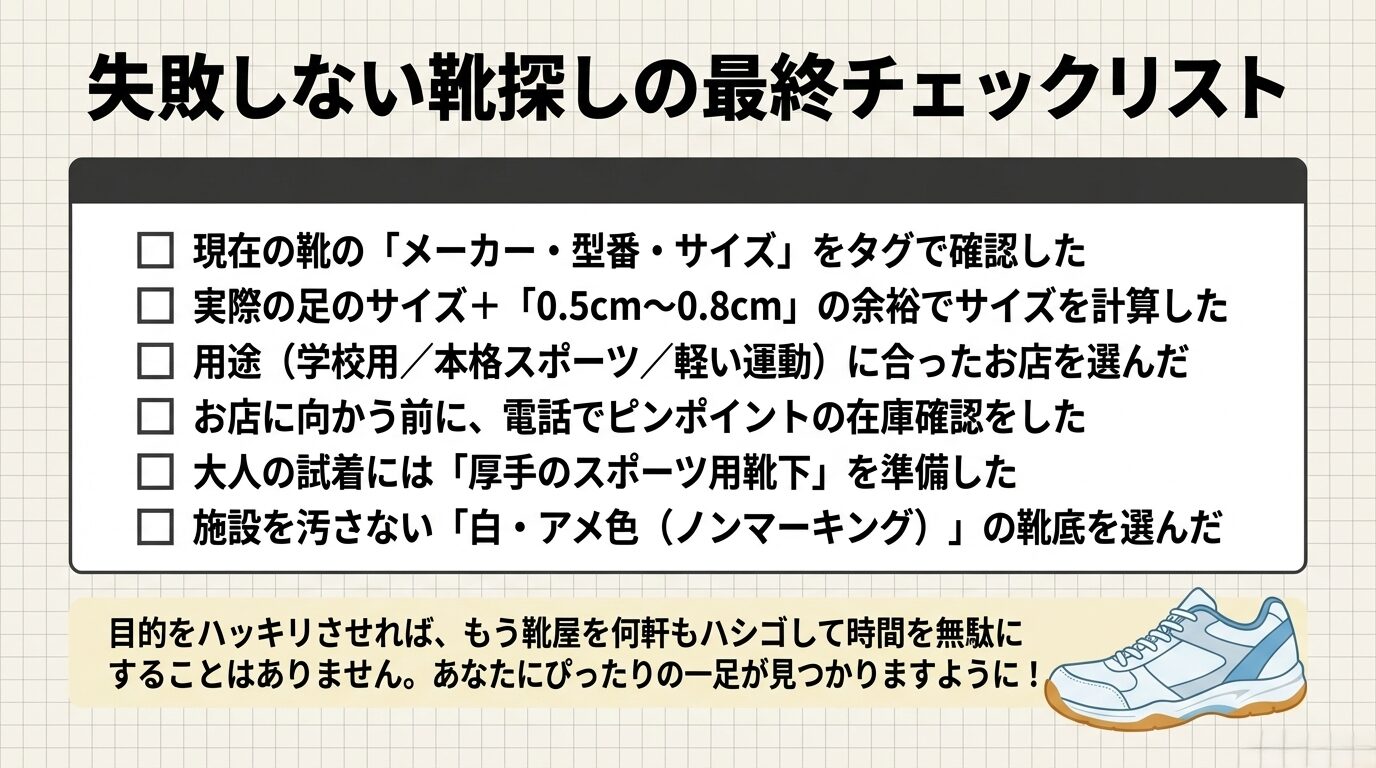 メーカー確認、サイズ計算、用途に合った店選び、在庫確認、厚手ソックスの準備、靴底の色の6項目をまとめた最終チェックリスト。