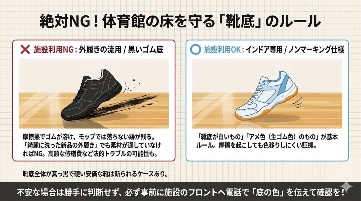 床に跡を残す黒いゴム底はNG。床を汚さない白やアメ色の「ノンマーキング仕様」の靴底を選ぶべきというマナーの解説図。