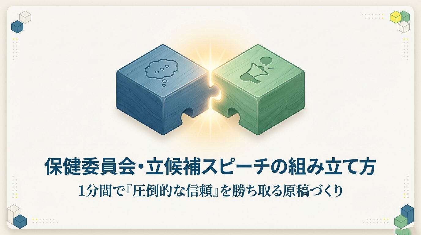 青と緑のパズルのピースが光を放ちながら繋がっているイラスト 。中央には「保健委員会・立候補スピーチの組み立て方」「1分間で『圧倒的な信頼』を勝ち取る原稿づくり」というタイトルが記載されている 。