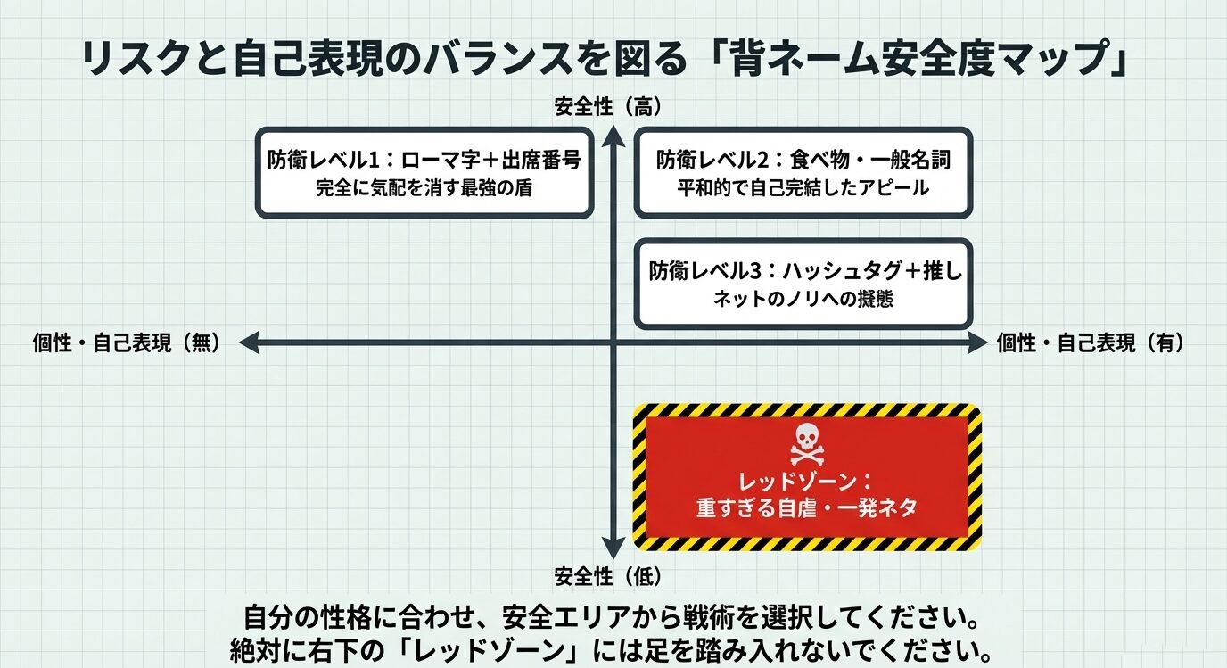 横軸に個性・自己表現、縦軸に安全性をとった座標軸。右下の「レッドゾーン(自虐・一発ネタ)」を避け、安全なエリアを選択することを推奨するマップ。