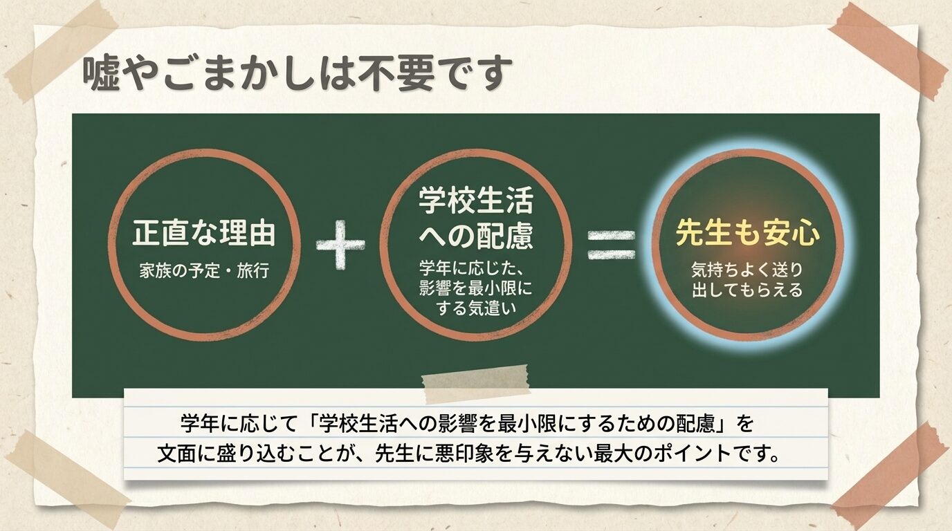 嘘は不要。正直な理由(家族の予定)に、学年に応じた学校生活への配慮を書き添えることで先生に安心してもらえるという解説。