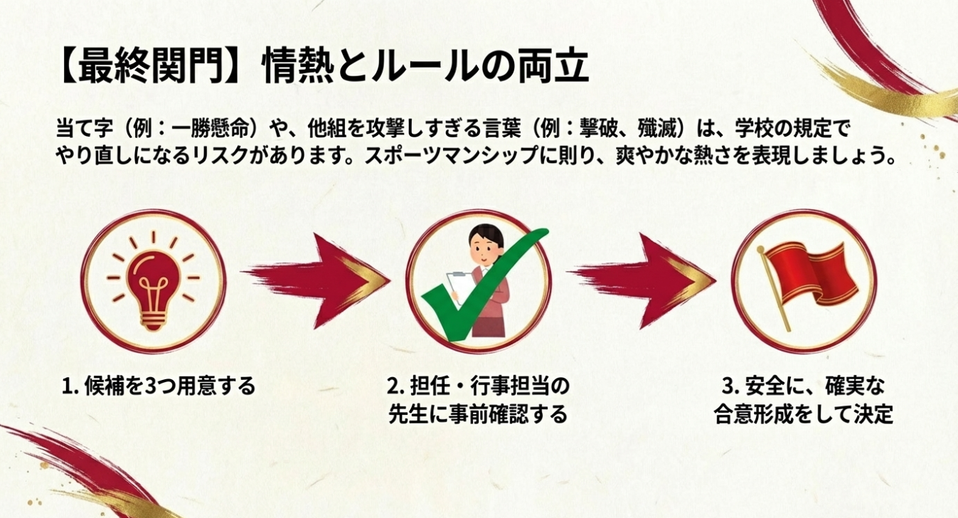 当て字や攻撃的すぎる言葉のリスクを説明し、候補を3つ用意して先生に事前確認する手順を示したスライド。