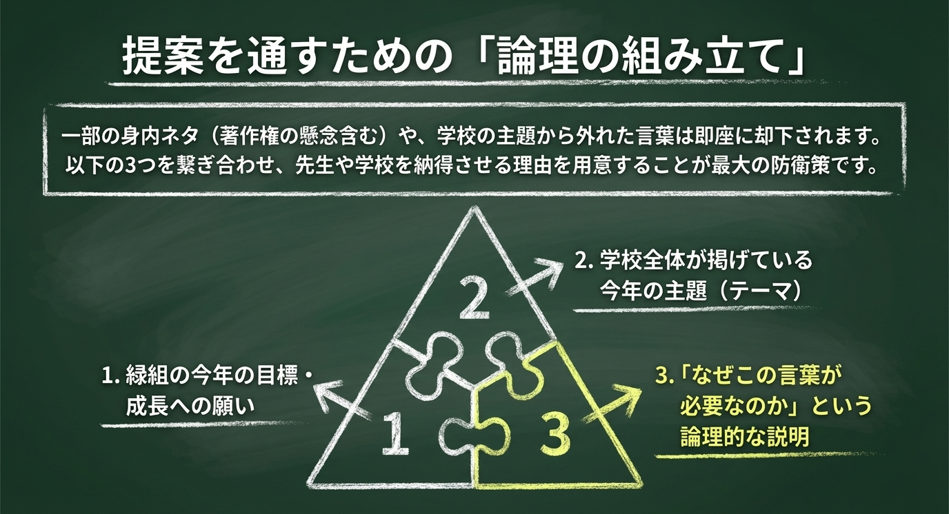 「緑組の目標」「学校の主題」「必要性の論理的説明」の3つを繋ぎ合わせて提案を通すための図解