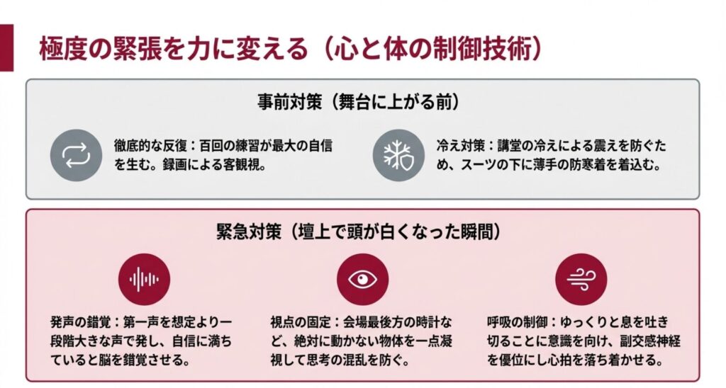 事前の反復練習や防寒対策に加え、第一声を大きくする発声の錯覚や視点の固定など、壇上で緊張を制御する心と体の技術