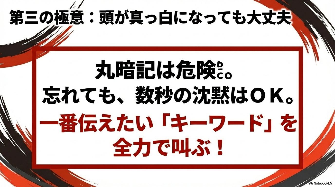 丸暗記の危険性を指摘し、忘れても数秒の沈黙はOKで、一番伝えたいキーワードを全力で叫ぶことを推奨するスライド。