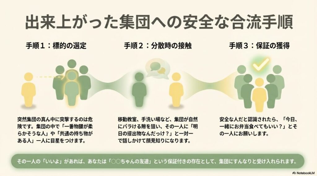 集団の中の一人に的を絞り、分散時に一対一で話しかけて合流する3つの手順