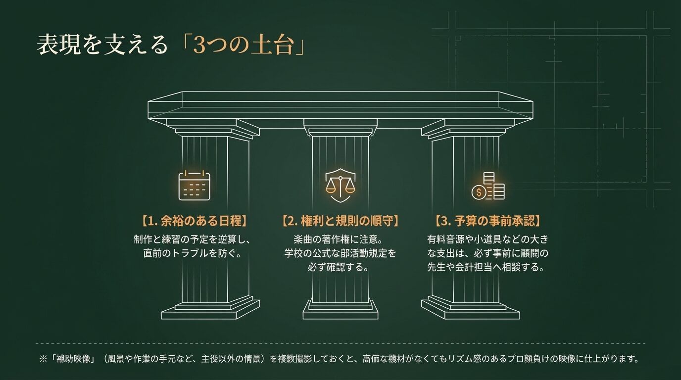余裕のある日程、権利と規則の順守、予算の事前承認という3つの重要事項と、Bロール撮影のコツをまとめたスライド。