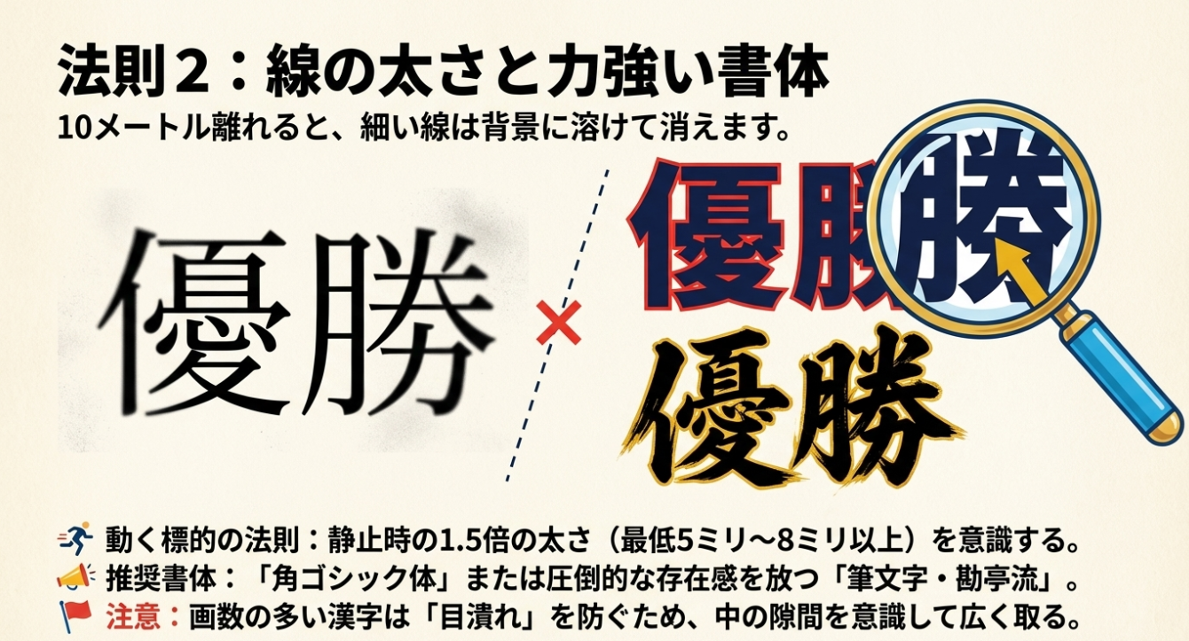 10m以上離れた際の視認性、静止時の1.5倍の太さ、角ゴシックや筆文字などの推奨書体の紹介。
