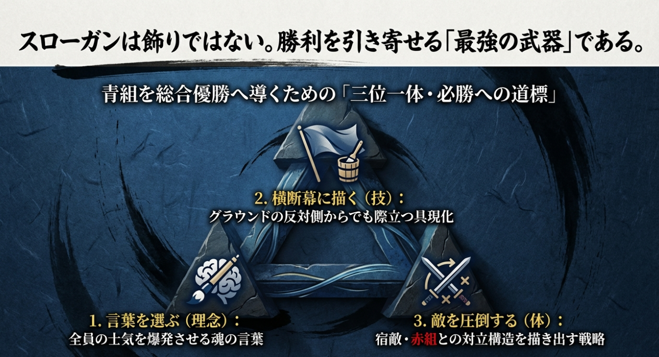 勝利への道標として、1.理念（言葉選び）、2.技（横断幕への具現化）、3.体（敵を圧倒する戦略）の三位一体の構成を示したスライド 。