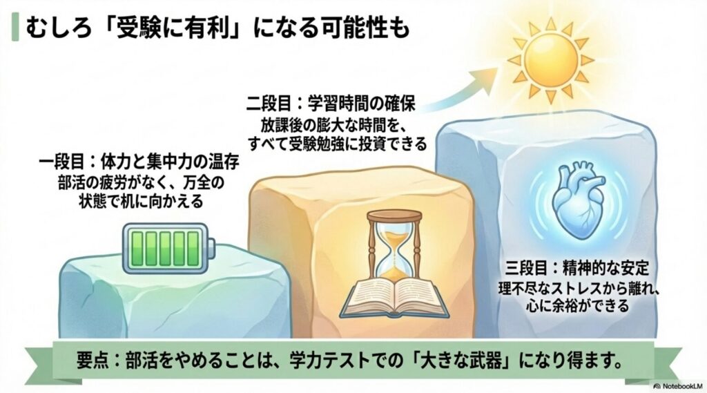 部活に入らないことで体力温存、学習時間の確保、精神的安定が得られ受験に有利になる可能性