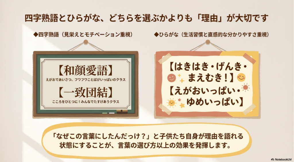 学級目標における四字熟語とひらがなの選び方と理由